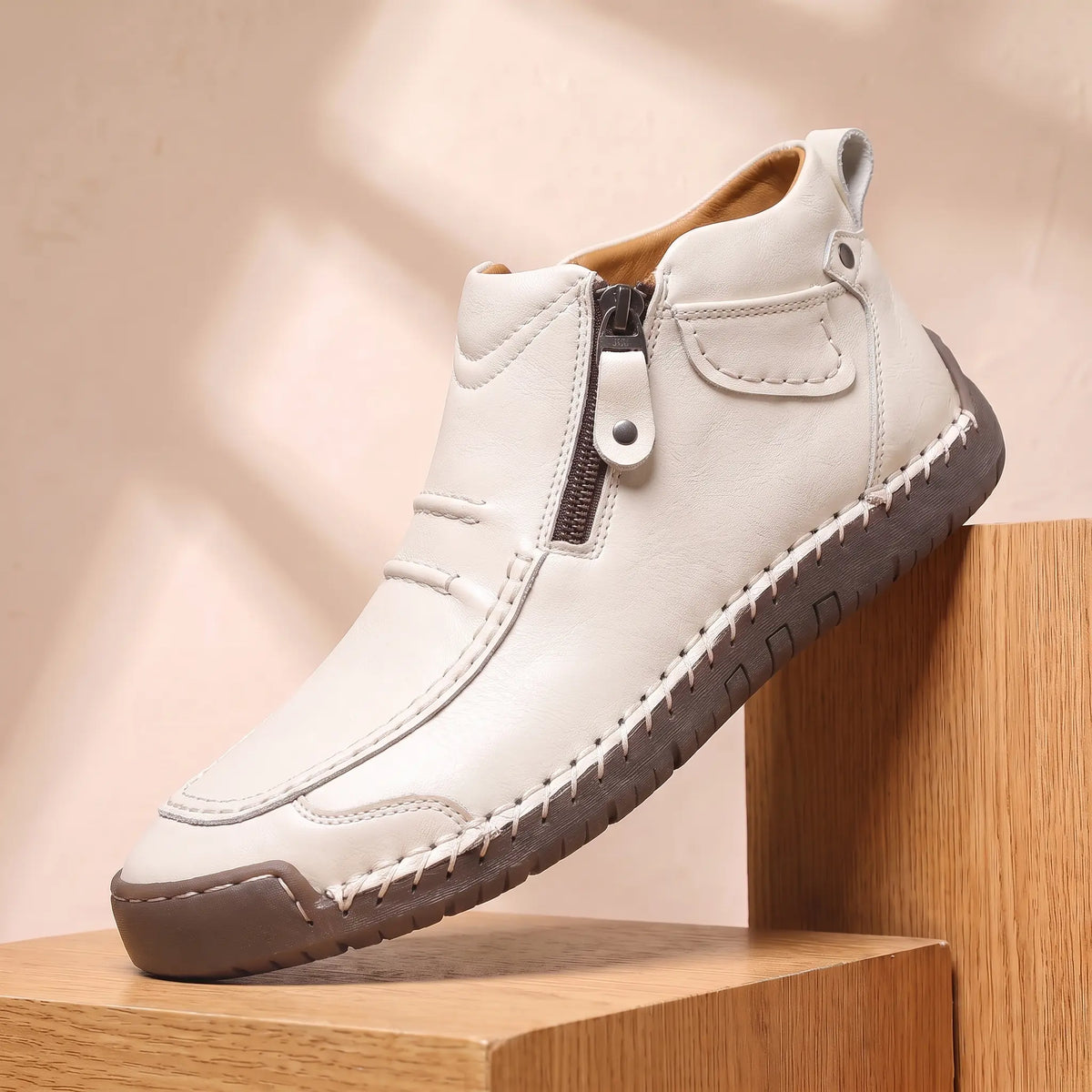 SIDE ZIP BOOTS in white, leather ankle boot with side zip, moc toe and hand stitched sole