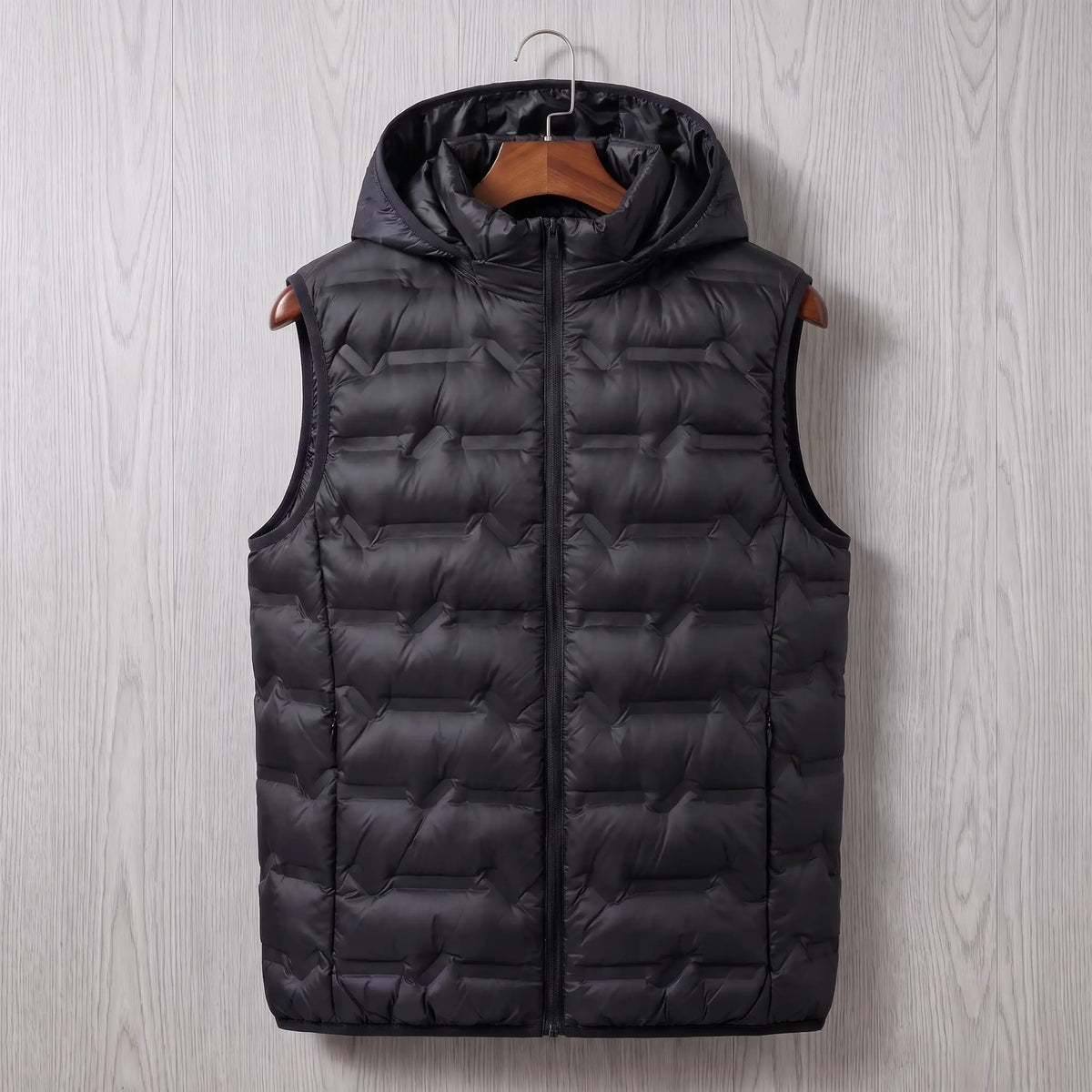 SILVER LINED PUFFER in black, men's hooded quilted padded vest