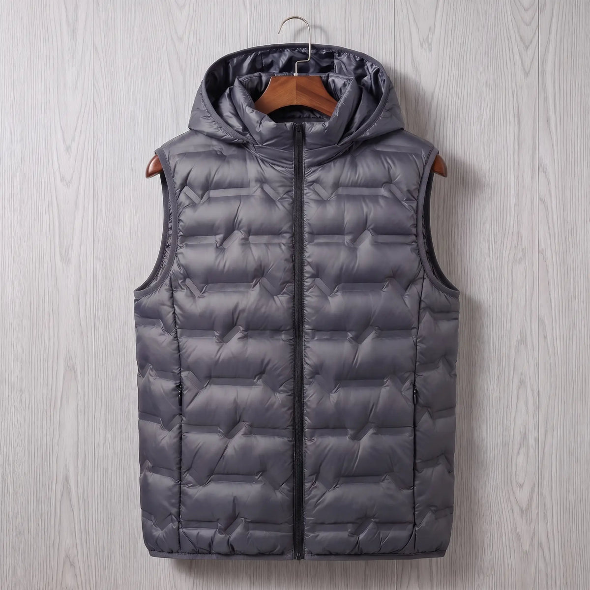SILVER LINED PUFFER in gray, men's hooded quilted padded vest