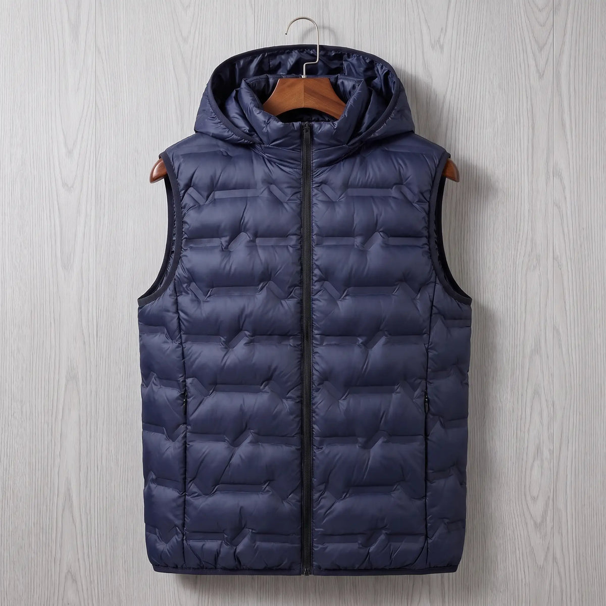 SILVER LINED PUFFER in navy blue, men's hooded quilted padded vest