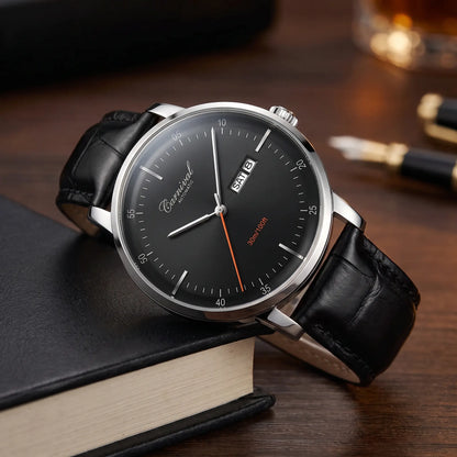 Slim automatic watch with black dial and black leather strap