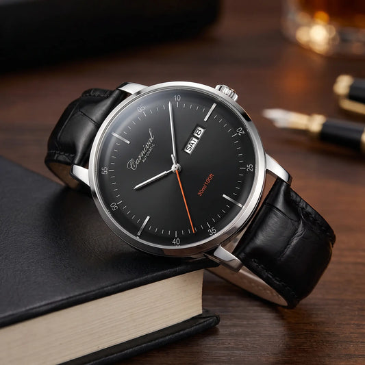 Slim automatic watch with black dial and black leather strap