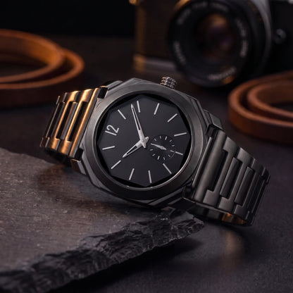 SLIM OCTAGON WATCH in All Black - black octagonal case watch with black dial and black steel bracelet
