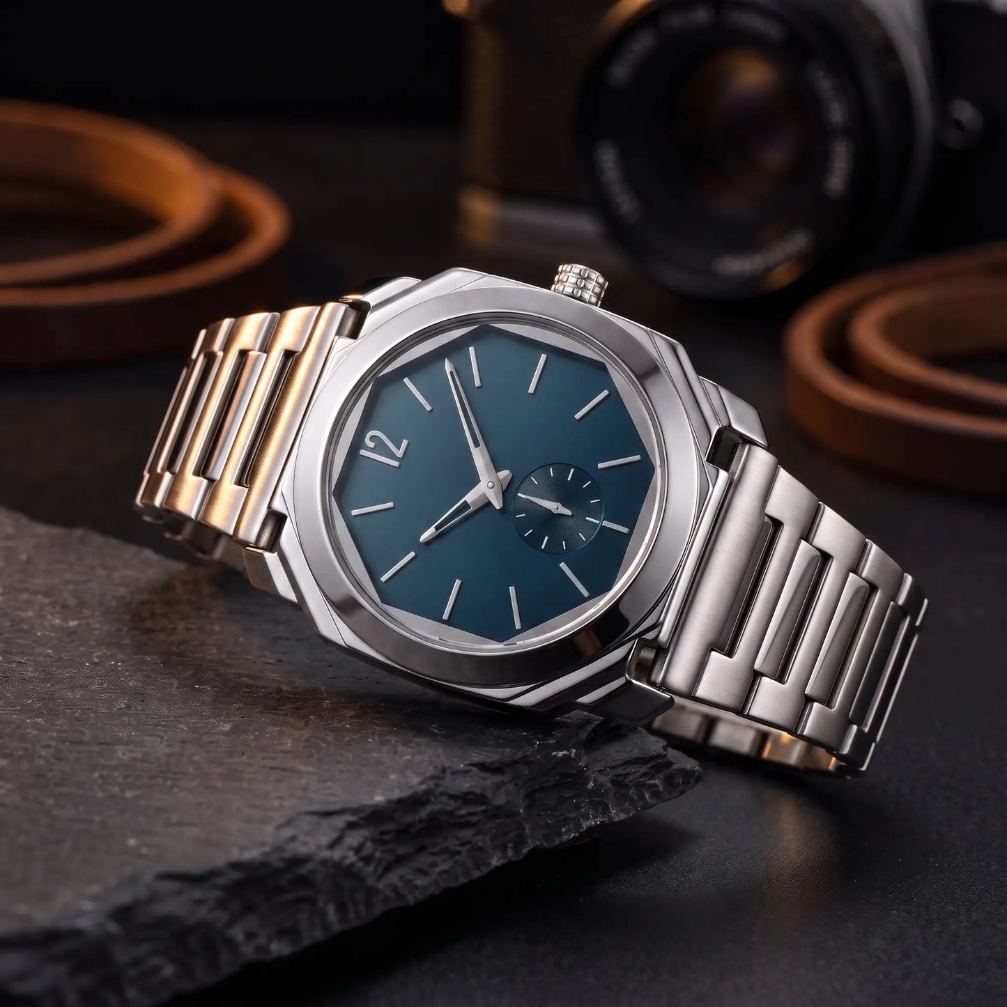 SLIM OCTAGON WATCH in Silver Blue - octagonal steel case watch with deep blue small-seconds dial and integrated bracelet