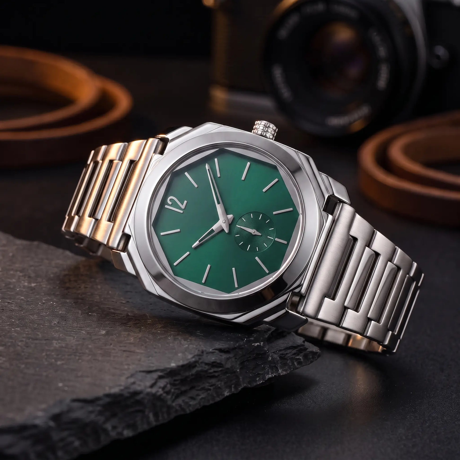 SLIM OCTAGON WATCH in Silver Green - octagonal steel case watch with green small-seconds dial and integrated bracelet
