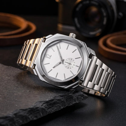 SLIM OCTAGON WATCH in Silver White - octagonal steel case watch with white small-seconds dial and integrated bracelet
