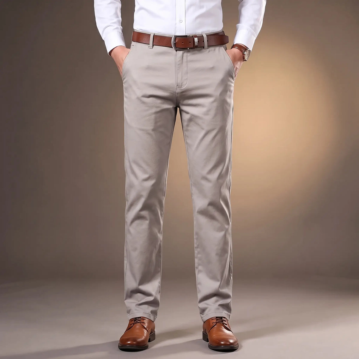 SLIM COTTON CHINOS in gray, men's slim flat-front cotton chino trousers
