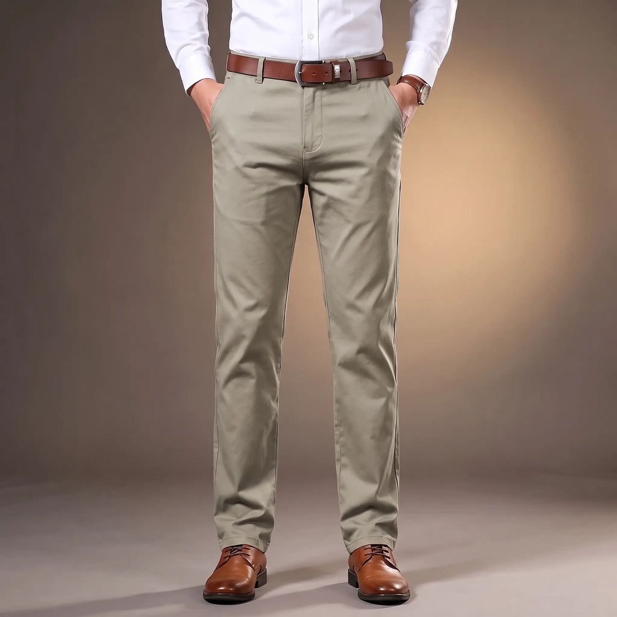 SLIM COTTON CHINOS in green, men's slim flat-front cotton chino trousers