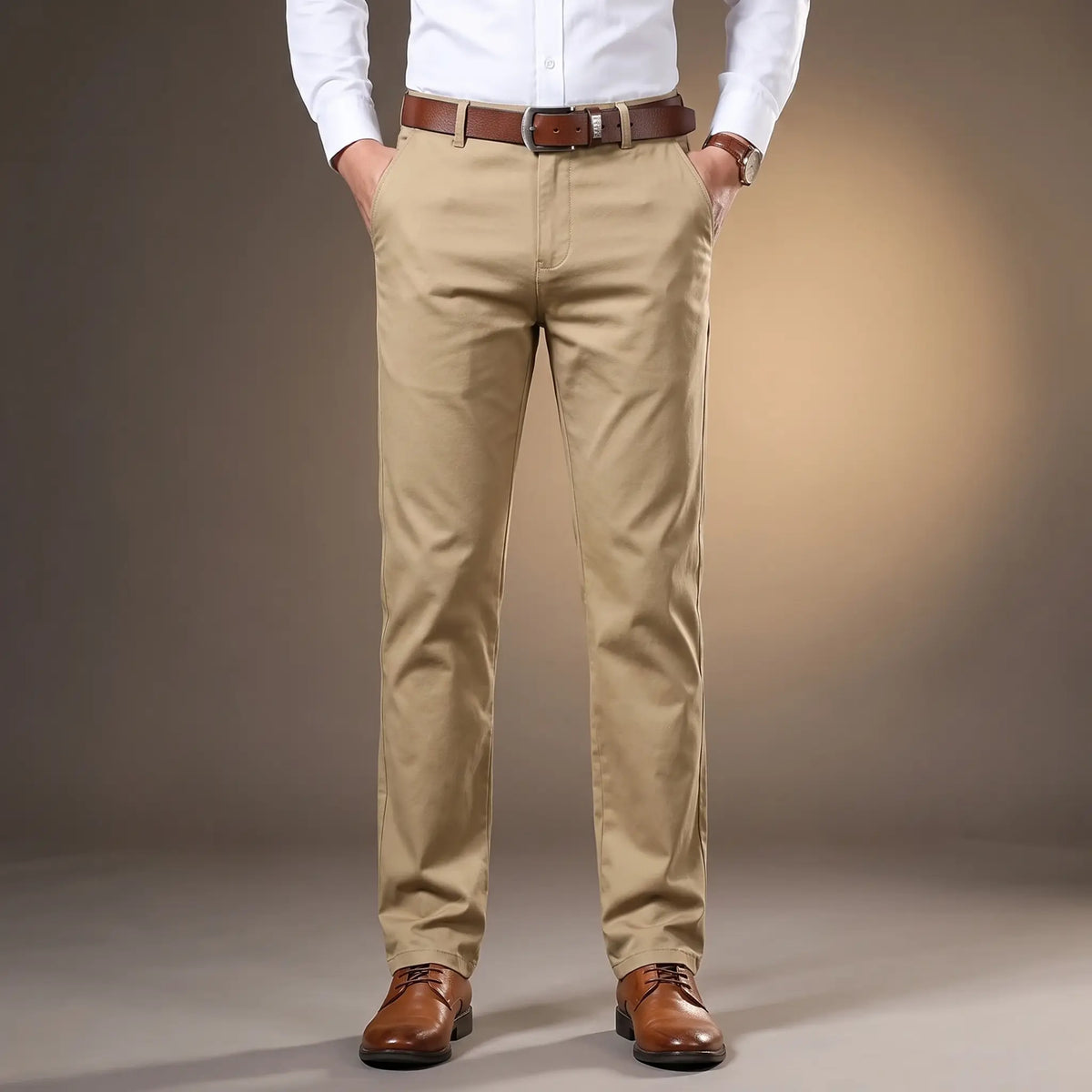 SLIM COTTON CHINOS in khaki, men's slim flat-front cotton chino trousers
