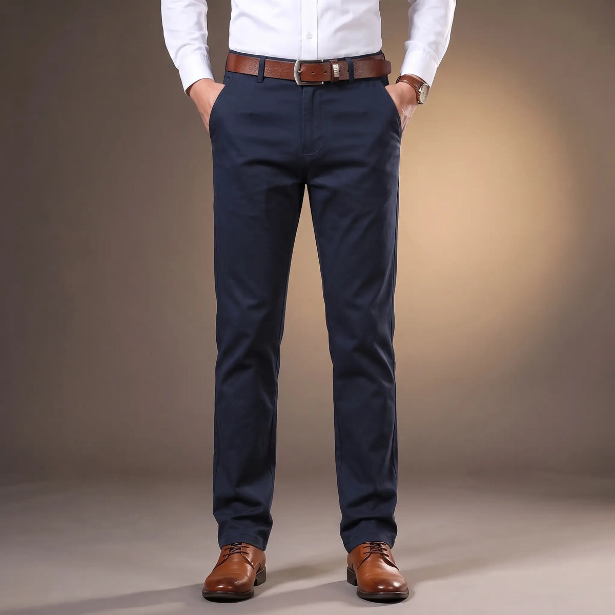 SLIM COTTON CHINOS in navy blue, men's slim flat-front cotton chino trousers