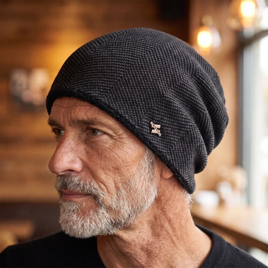 Older man wearing the black fleece lined slouch knit beanie in side profile