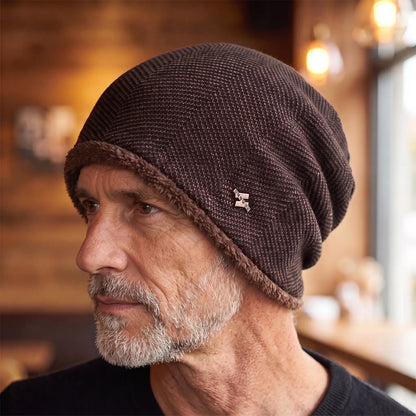 Older man wearing the brown fleece lined slouch knit beanie in side profile