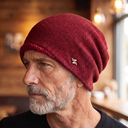 Older man wearing the red fleece lined slouch knit beanie in side profile