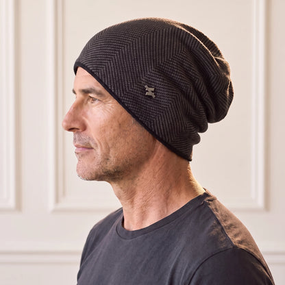 Brown slouch knit beanie in coffee herringbone knit, fleece lined men's winter beanie worn in side profile