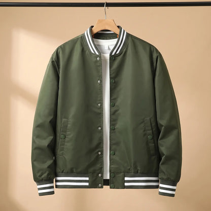 Men's green snap-front baseball bomber jacket with white-striped rib collar, cuffs and hem on a wooden hanger