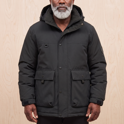 Men's black hooded padded parka with snap storm front