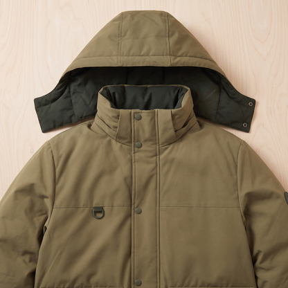 Close detail of the parka hood, collar and chest pockets