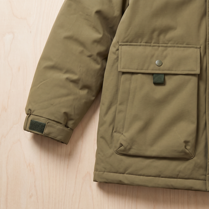 Close detail of the parka cuff tab and lower flap pocket