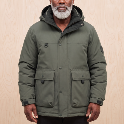 Men's green hooded padded parka with snap storm front