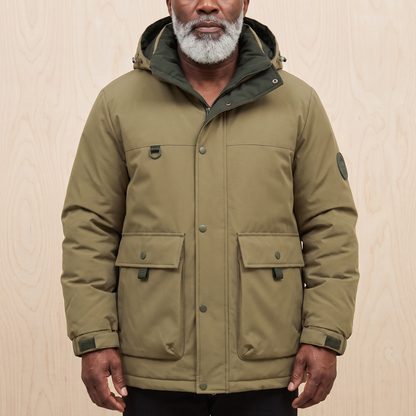 Men's khaki hooded padded parka with snap storm front