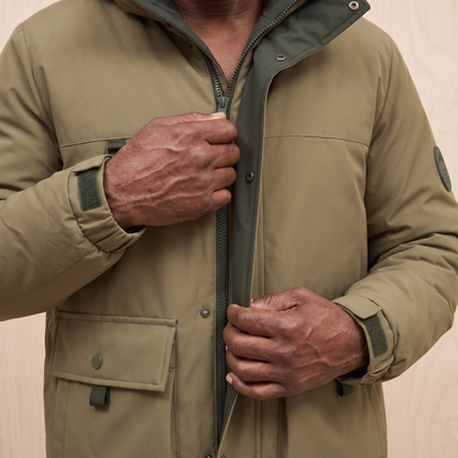 Man fastening the snap front parka