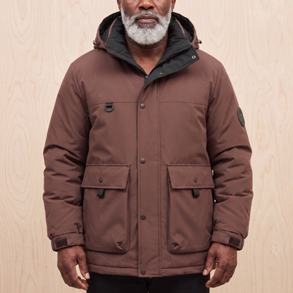 Men's red hooded padded parka with snap storm front