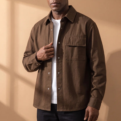 Snap Front Shirt in Brown worn over a white tee
