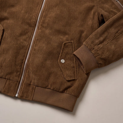 Close up of the snap-flap pocket, ribbed cuff and hem on the brown snap pocket bomber