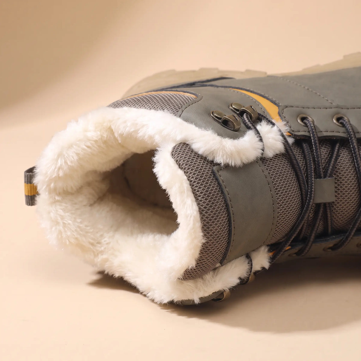 Snow Trail Boots in Grey, fleece-lined collar, speed hooks and heel loop close-up