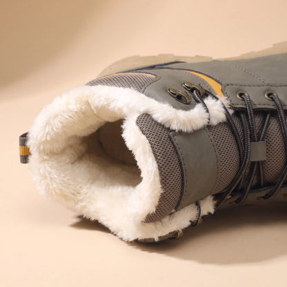Snow Trail Boots in Grey, fleece-lined collar, speed hooks and heel loop close-up