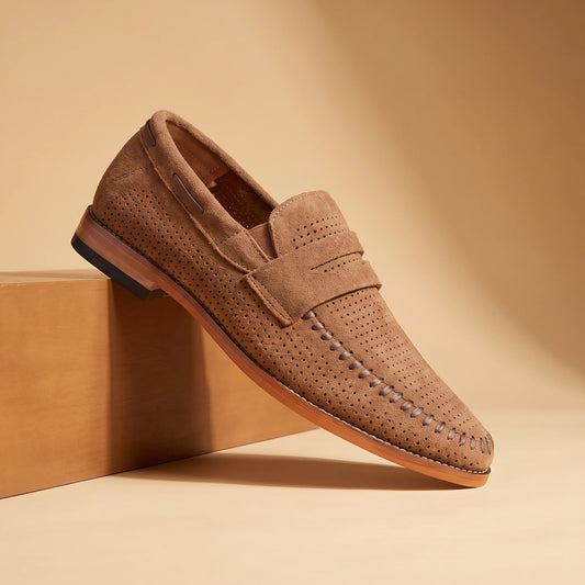 SOFT MOC LOAFERS in brown, perforated suede penny loafer, pedestal hero