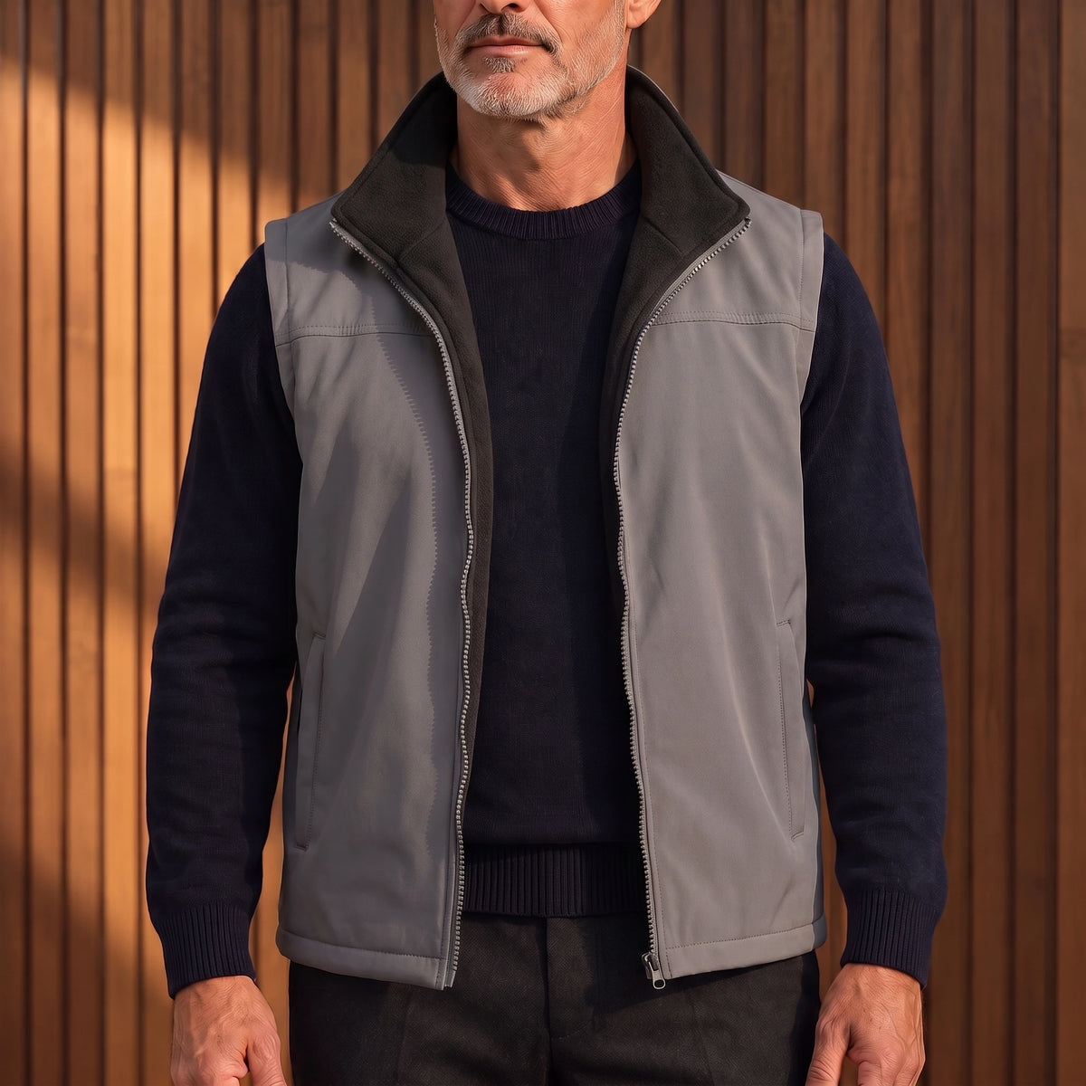 Men's grey softshell vest with black fleece lining, worn open over a navy sweater