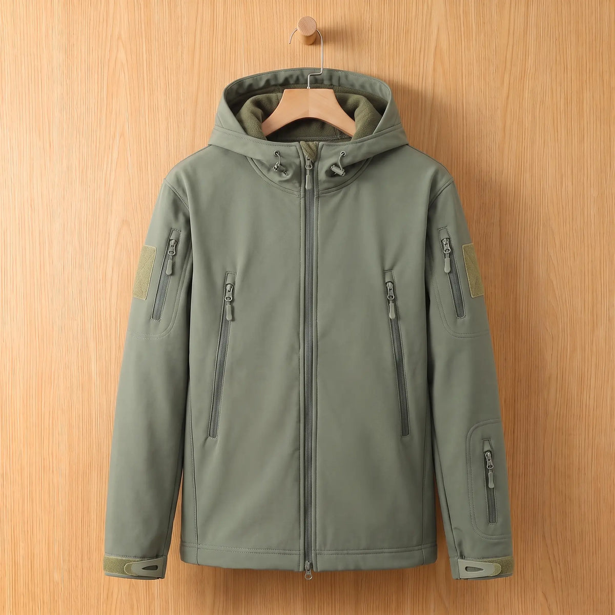 Men's green softshell hooded jacket with zip chest pockets on a wooden hanger