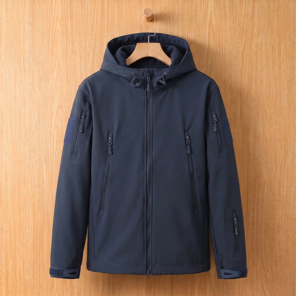 Men's navy blue softshell hooded jacket with zip chest pockets on a wooden hanger