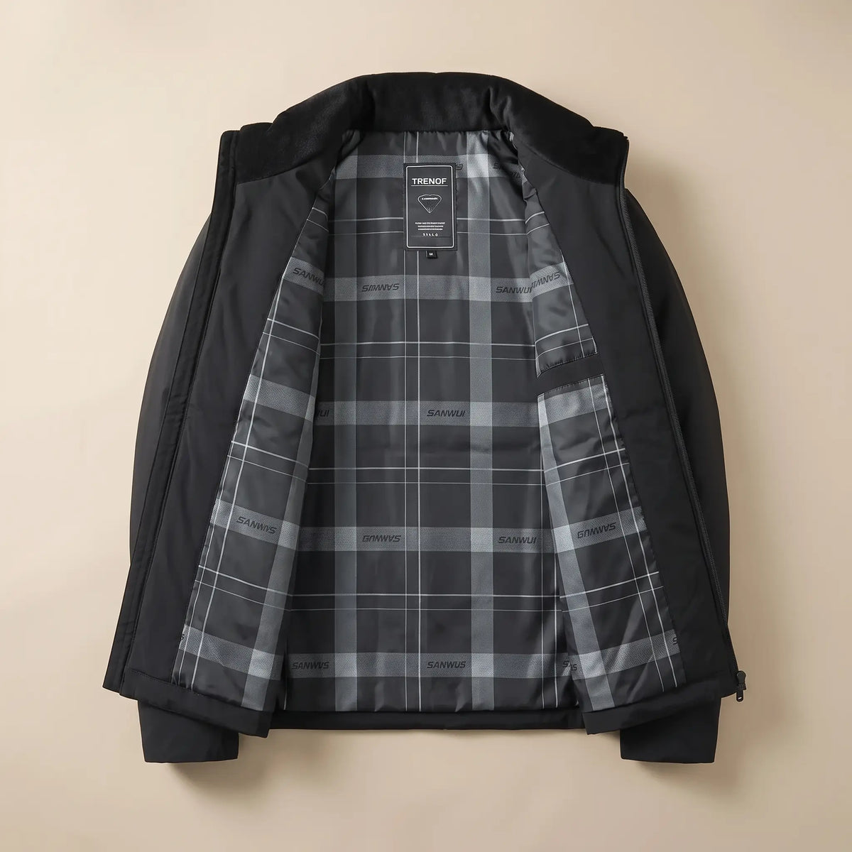 SOFT COLLAR JACKET laid open showing the plaid lining, black