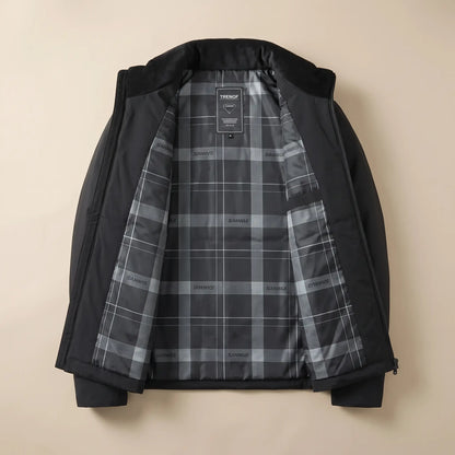 SOFT COLLAR JACKET laid open showing the plaid lining, black