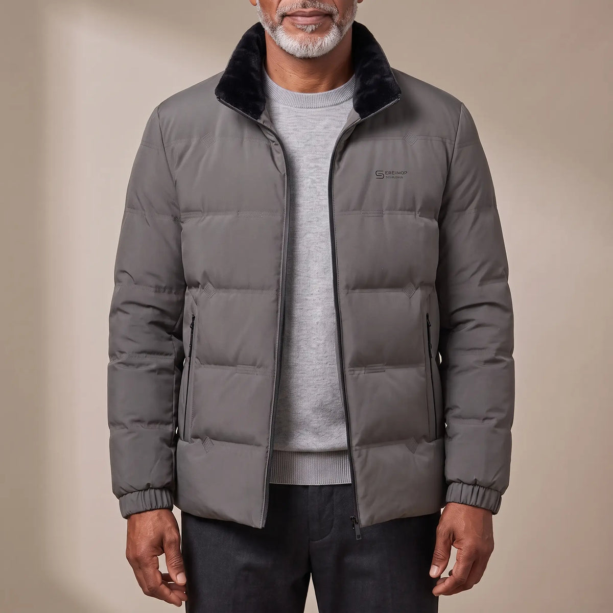 SOFT COLLAR JACKET in gray, men's padded stand-collar zip jacket with plush collar, worn over a grey knit
