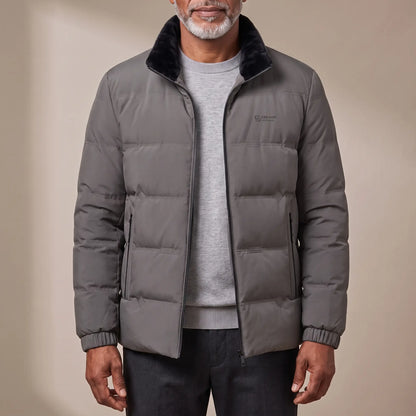 SOFT COLLAR JACKET in gray, men's padded stand-collar zip jacket with plush collar, worn over a grey knit