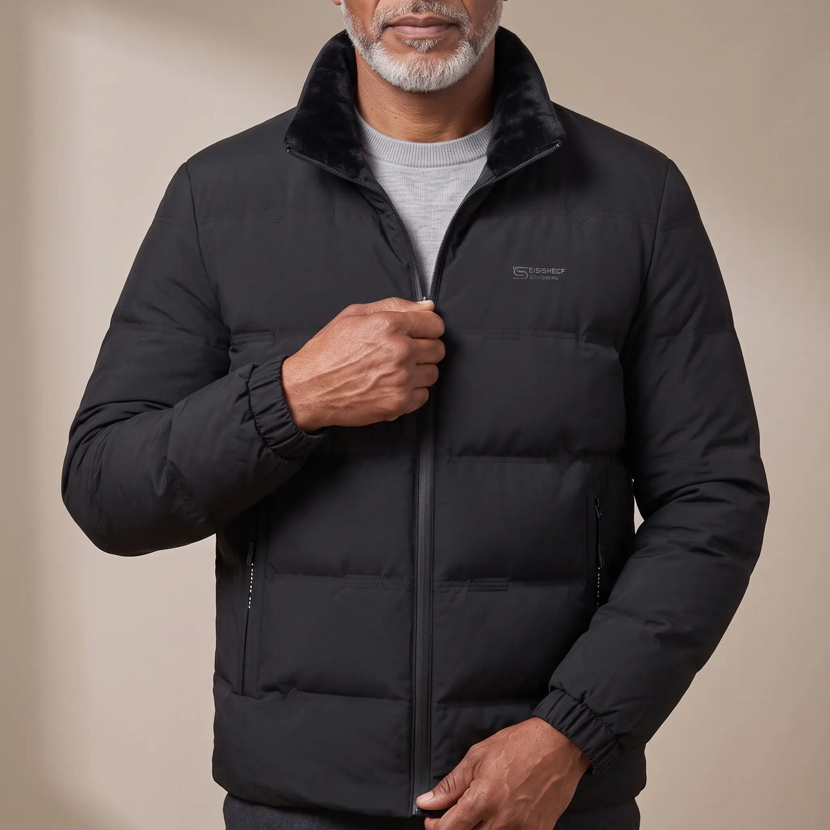 Man zipping up the SOFT COLLAR JACKET in black
