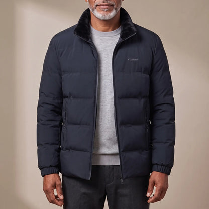 SOFT COLLAR JACKET in navy blue, men's padded stand-collar zip jacket with plush collar, worn over a grey knit