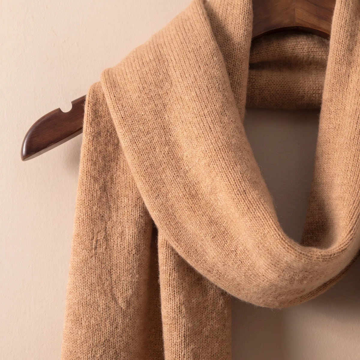 Soft Knit Scarf in Camel, brushed knit drape close-up