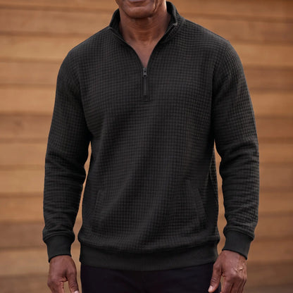 SOFT WAFFLE PULLOVER in black, men's waffle-texture quarter-zip pullover with a stand collar