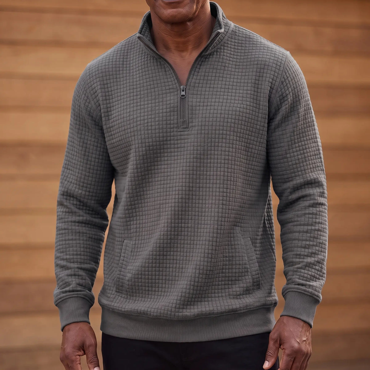 SOFT WAFFLE PULLOVER in charcoal, men's waffle-texture quarter-zip pullover with a stand collar