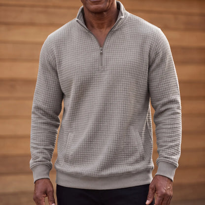 SOFT WAFFLE PULLOVER in grey, men's waffle-texture quarter-zip pullover with a stand collar