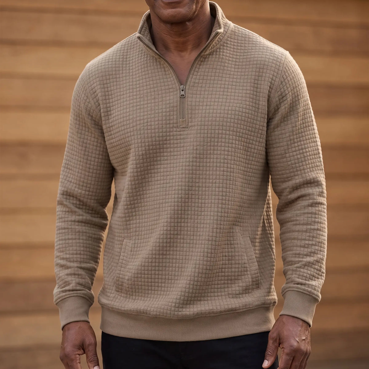 SOFT WAFFLE PULLOVER in khaki, men's waffle-texture quarter-zip pullover with a stand collar