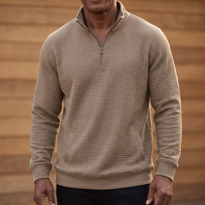 SOFT WAFFLE PULLOVER in khaki, men's waffle-texture quarter-zip pullover with a stand collar