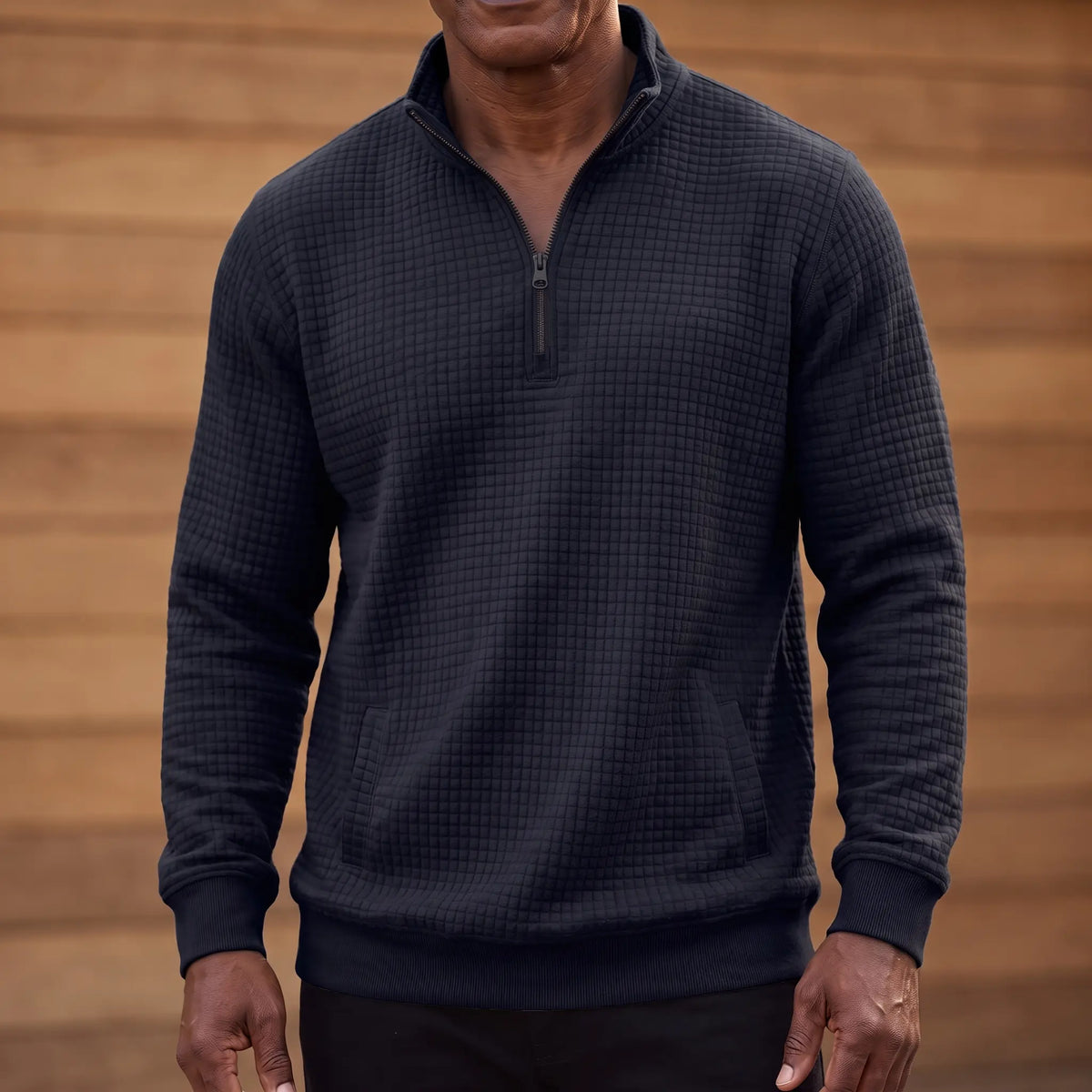 SOFT WAFFLE PULLOVER in navy blue, men's waffle-texture quarter-zip pullover with a stand collar