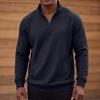 SOFT WAFFLE PULLOVER in navy blue, men's waffle-texture quarter-zip pullover with a stand collar