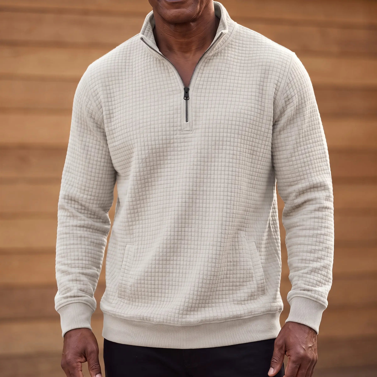 SOFT WAFFLE PULLOVER in white, men's waffle-texture quarter-zip pullover with a stand collar