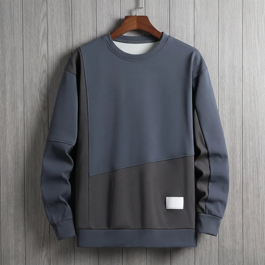 SPLIT PANEL SWEATSHIRT in blue and charcoal, men's two-tone crew-neck sweatshirt with a diagonal split panel